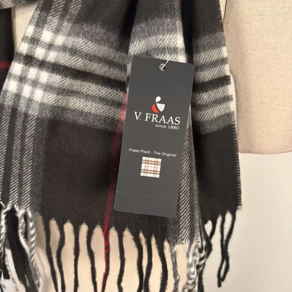 NWT V. Fraas Black White Red Plaid Acrylic Germany Made Rectangular Unisex Scarf